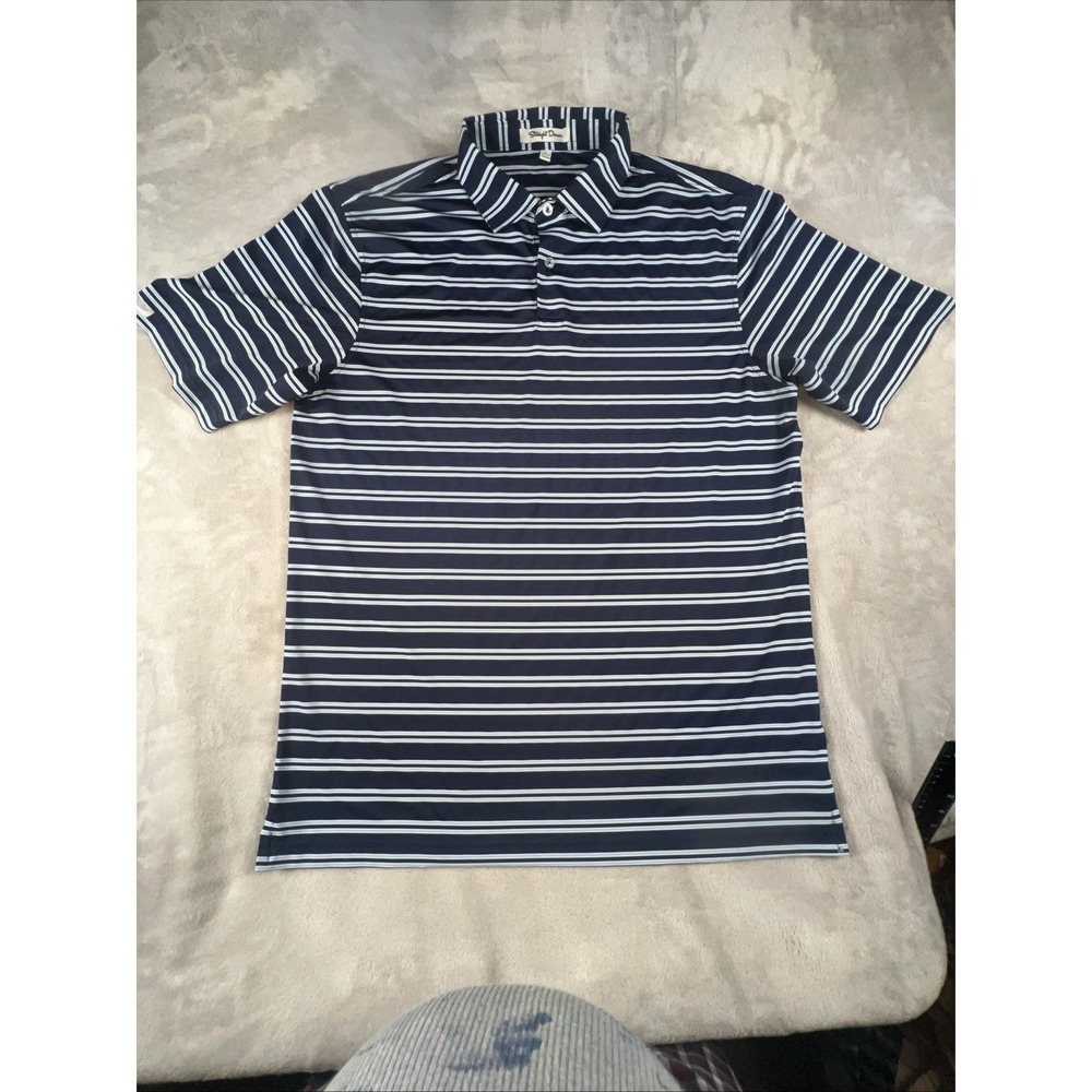 Straight Down Mens Polo Shirt Blue Striped Golf Casual Short Sleeve Size Large